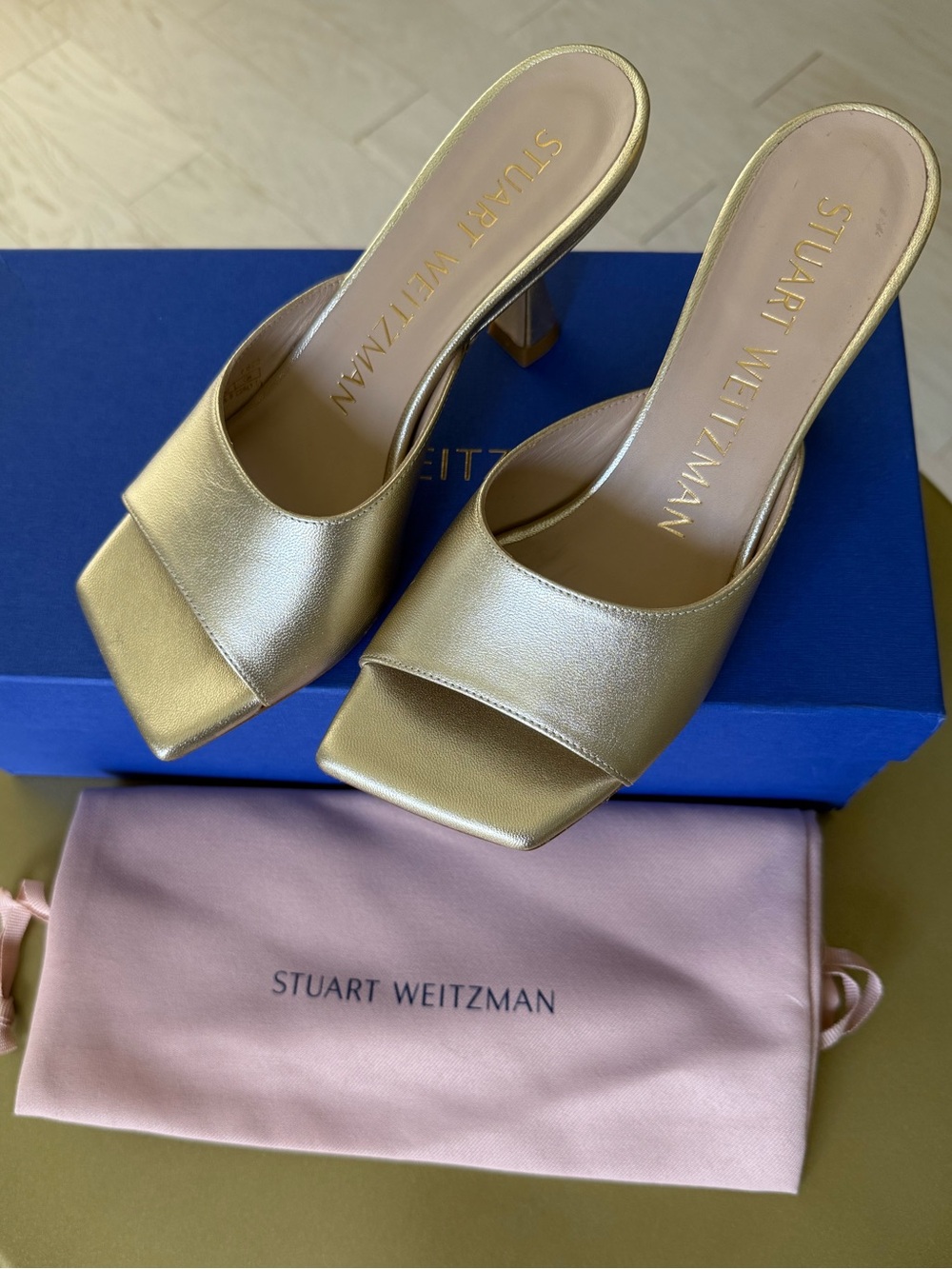 Stuart Weitzman Metallic Gold Slide Mules, size 5